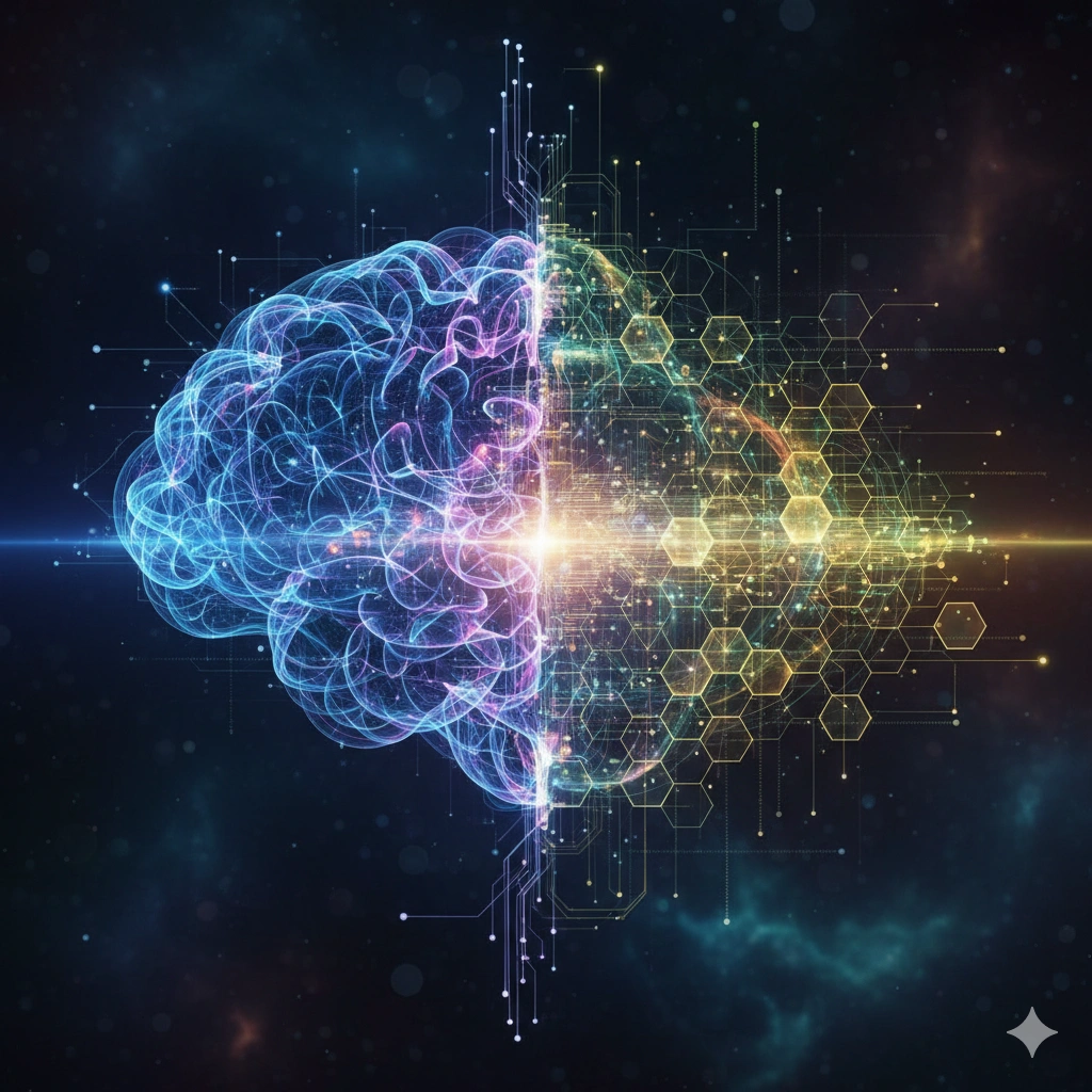 An abstract image showing the fusion of AI brain-like networks with blockchain's interconnected nodes.